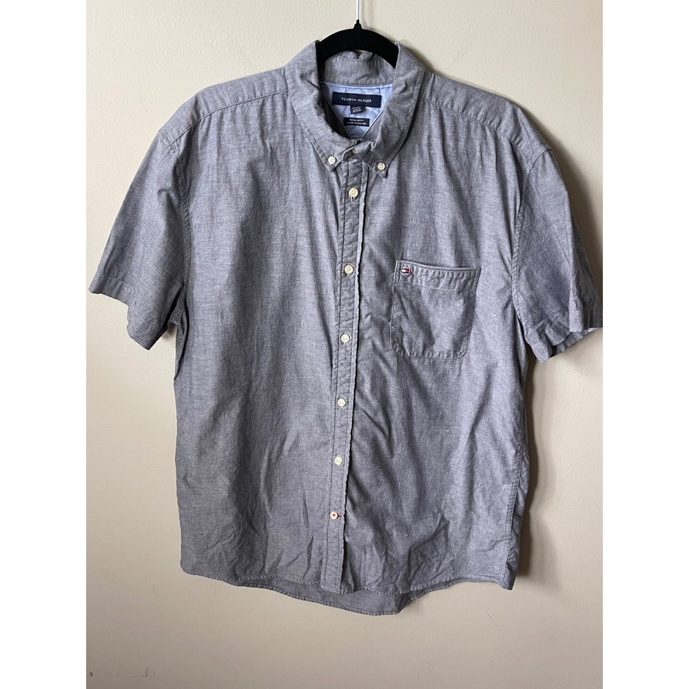 Tommy Hilfiger Mens Grey Short Sleeve Button Down Shirt Regular Fit XL Cotton